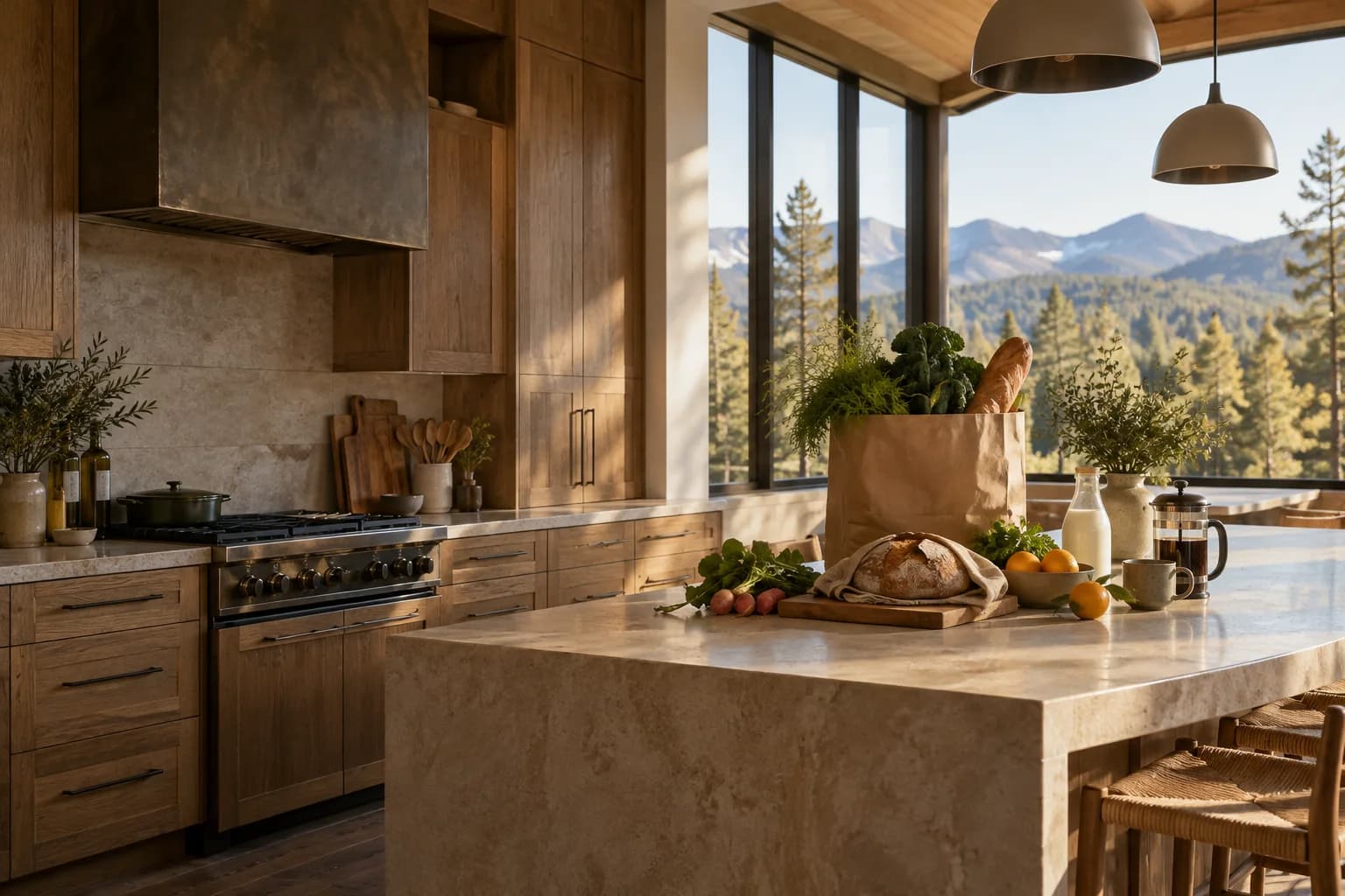 Fresh groceries waiting on the island of a warm mountain-home kitchen